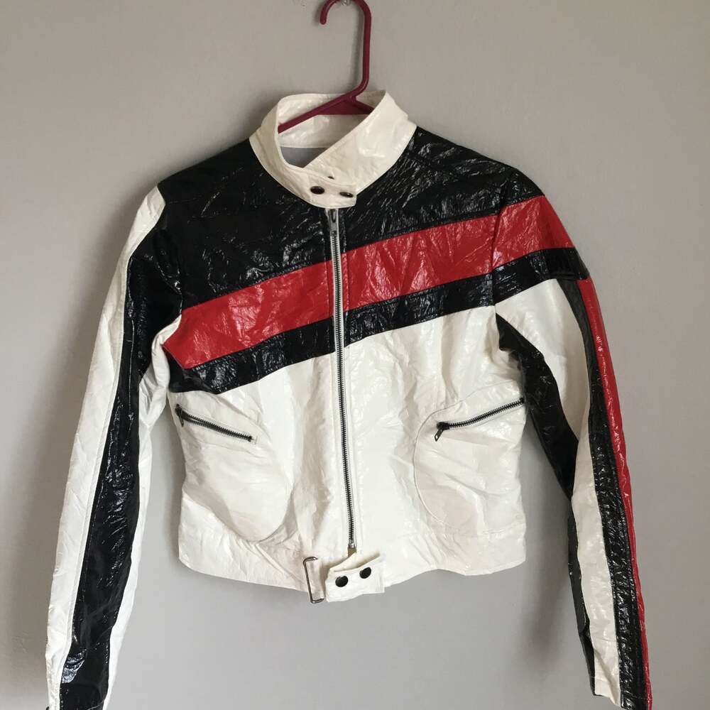 Vintage Voice Color Block Shiny Racer Jacket White Red Black Full Zip
